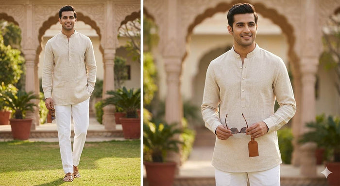 Khakee beige with white pinstripe Premium Cotton Linen Fabric