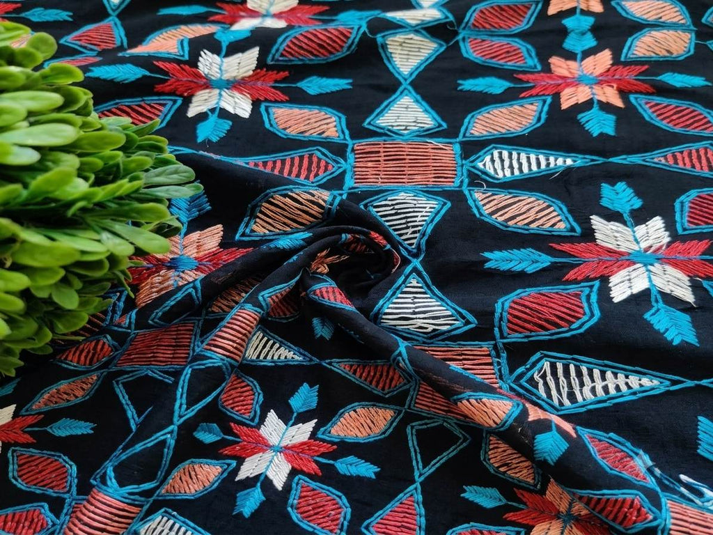 BLACK Multicolored Kantha Work Embroidered Chanderi Fabri