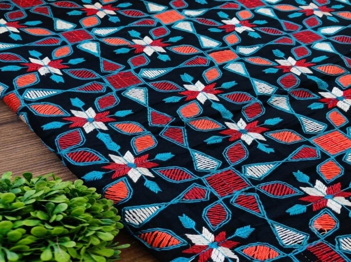 BLACK Multicolored Kantha Work Embroidered Chanderi Fabri