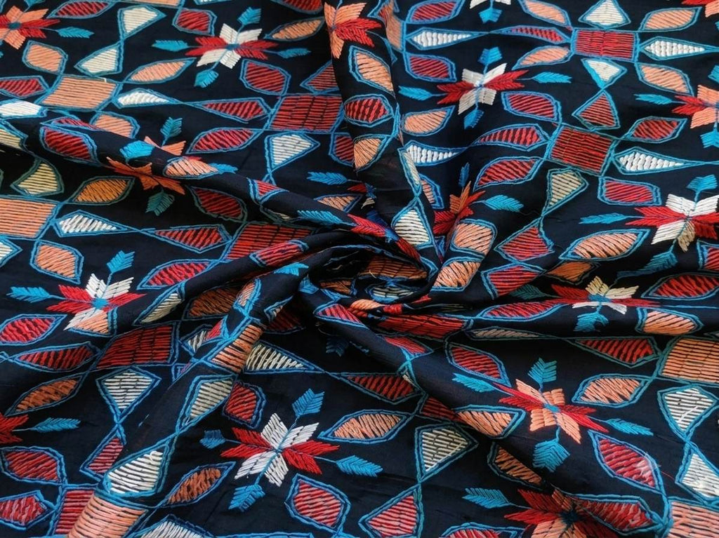 BLACK Multicolored Kantha Work Embroidered Chanderi Fabri