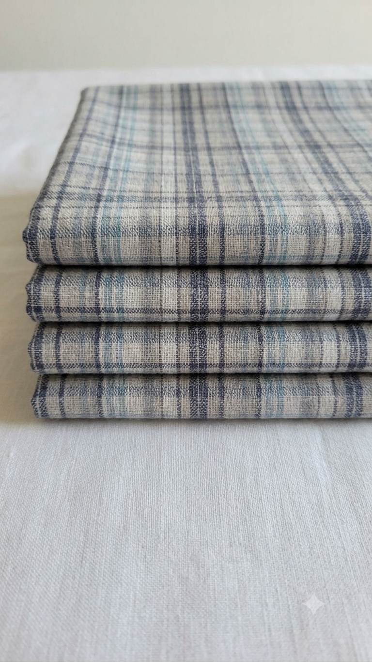 Multi-tonal plaid pattern in muted shades of slate gray, beige, and sky Blue cotton linen Digital print Fabric
