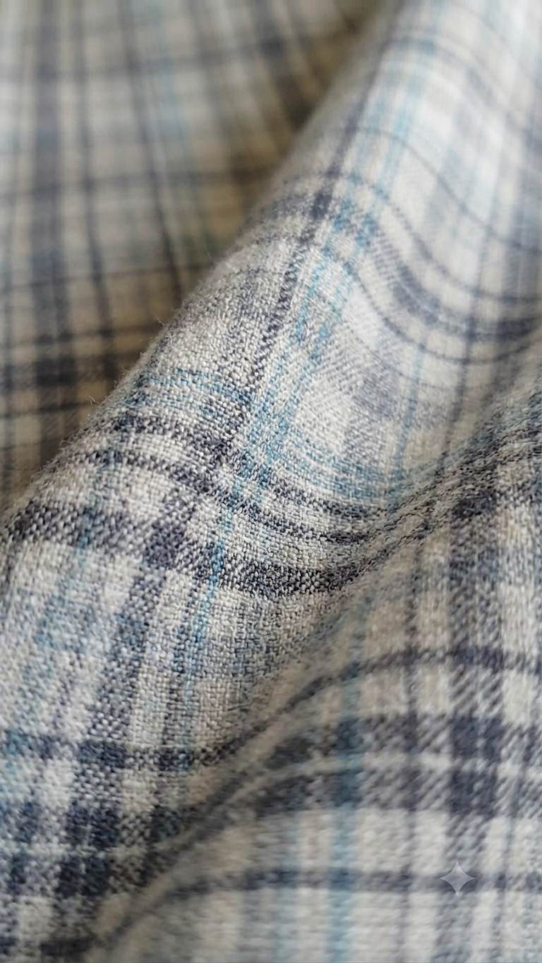 Multi-tonal plaid pattern in muted shades of slate gray, beige, and sky Blue cotton linen Digital print Fabric