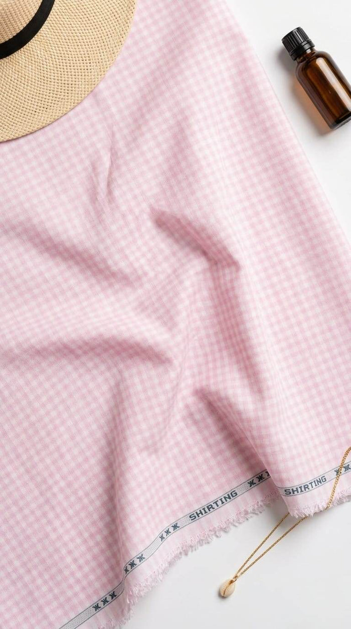 Premium Blush Pink & White Gingham Seersucker Shirting Cotton Fabric