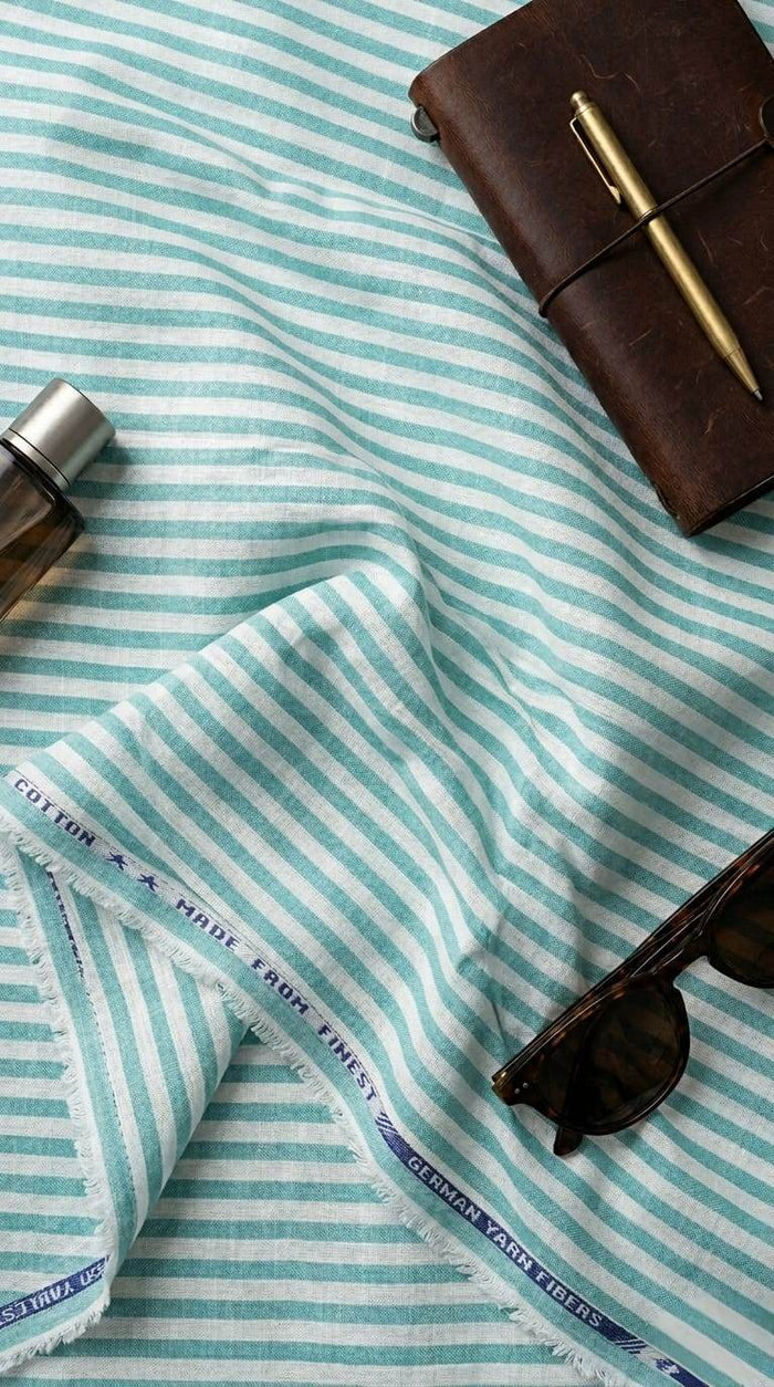 Premium Crisp Teal & White Stripe Shirting Cotton Linen Fabric