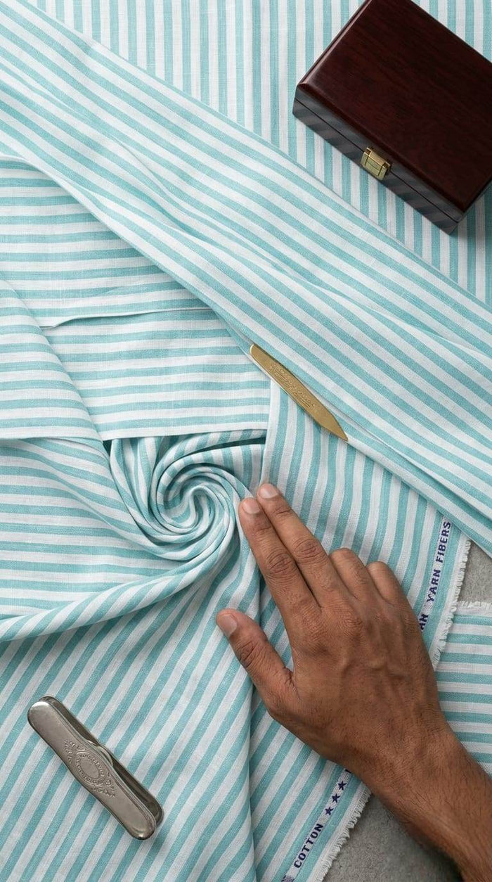 Premium Crisp Teal & White Stripe Shirting Cotton Linen Fabric