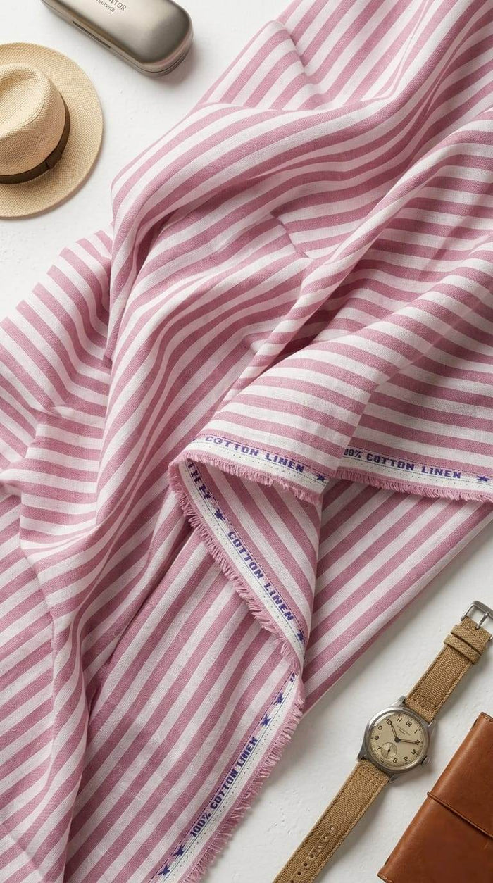 Premium Dusty Rose & White Stripe Shirting Cotton Linen Fabric