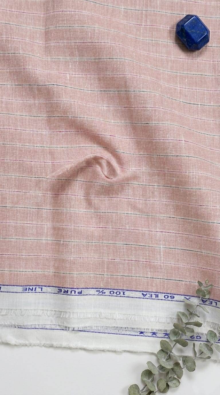 Soft, Muted Rose-Pink With Horizontal stripes 100%Pure Linen (No Cotton)