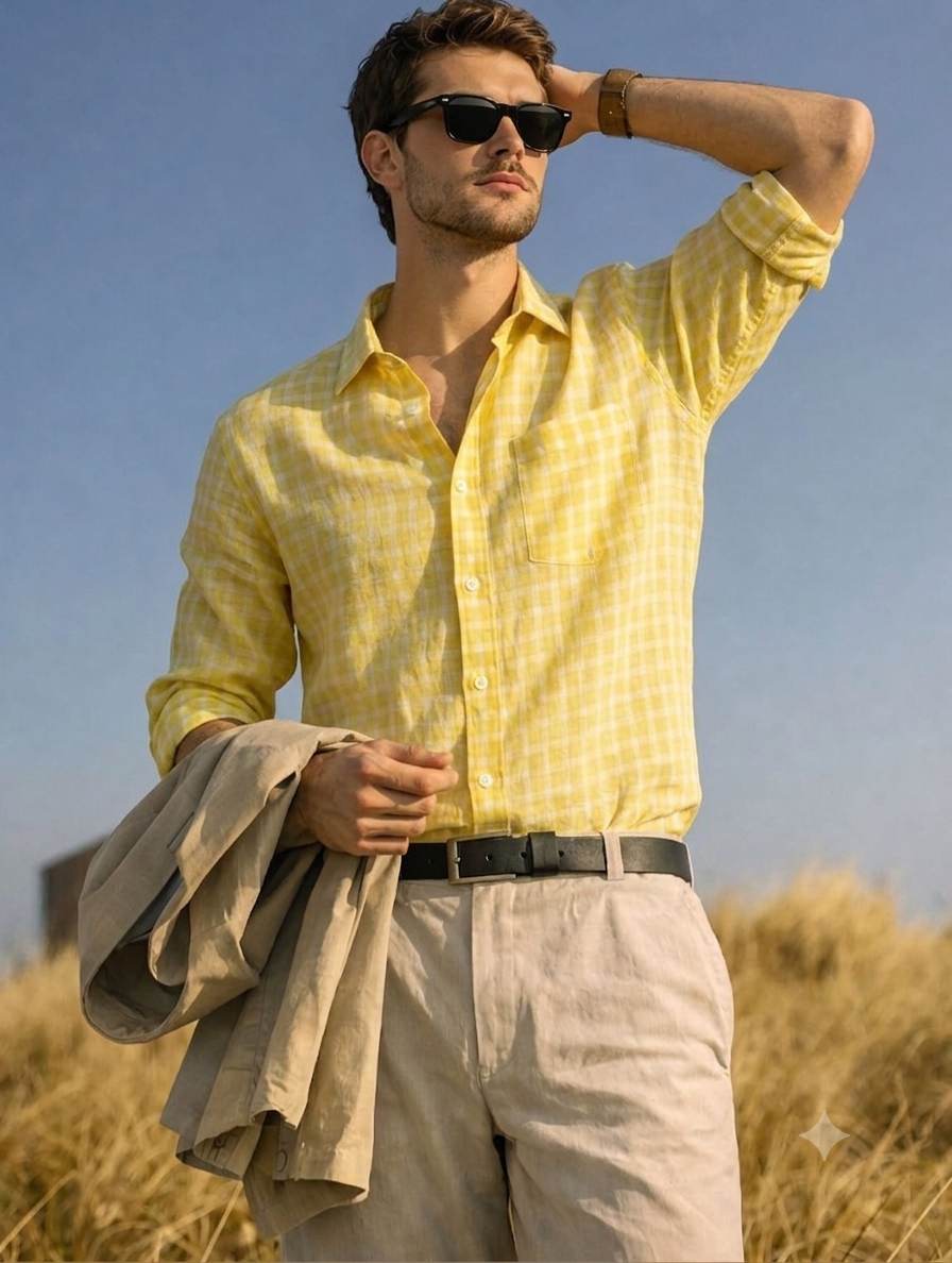 Sun-Kissed Serenity: Premium 100% Pure Linen Check Fabric(No Cotton)