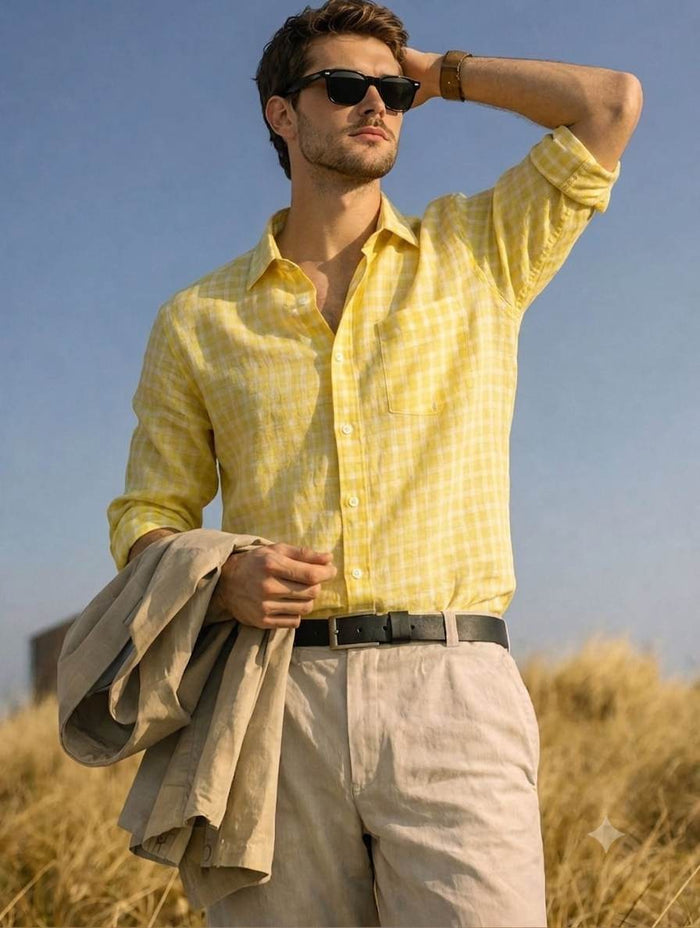 Sun-Kissed Serenity: Premium 100% Pure Linen Check Fabric(No Cotton)