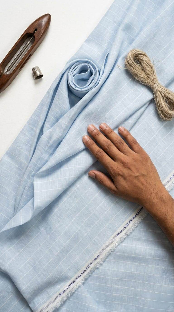 Premium Sky Blue with White Pinstripe Cotton Linen Fabric 60 lea