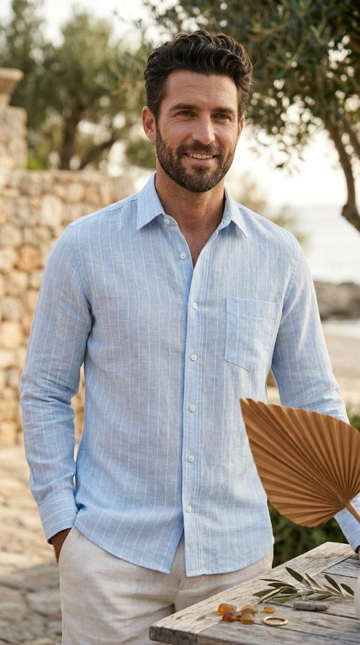 Premium Sky Blue with White Pinstripe Cotton Linen Fabric 60 lea