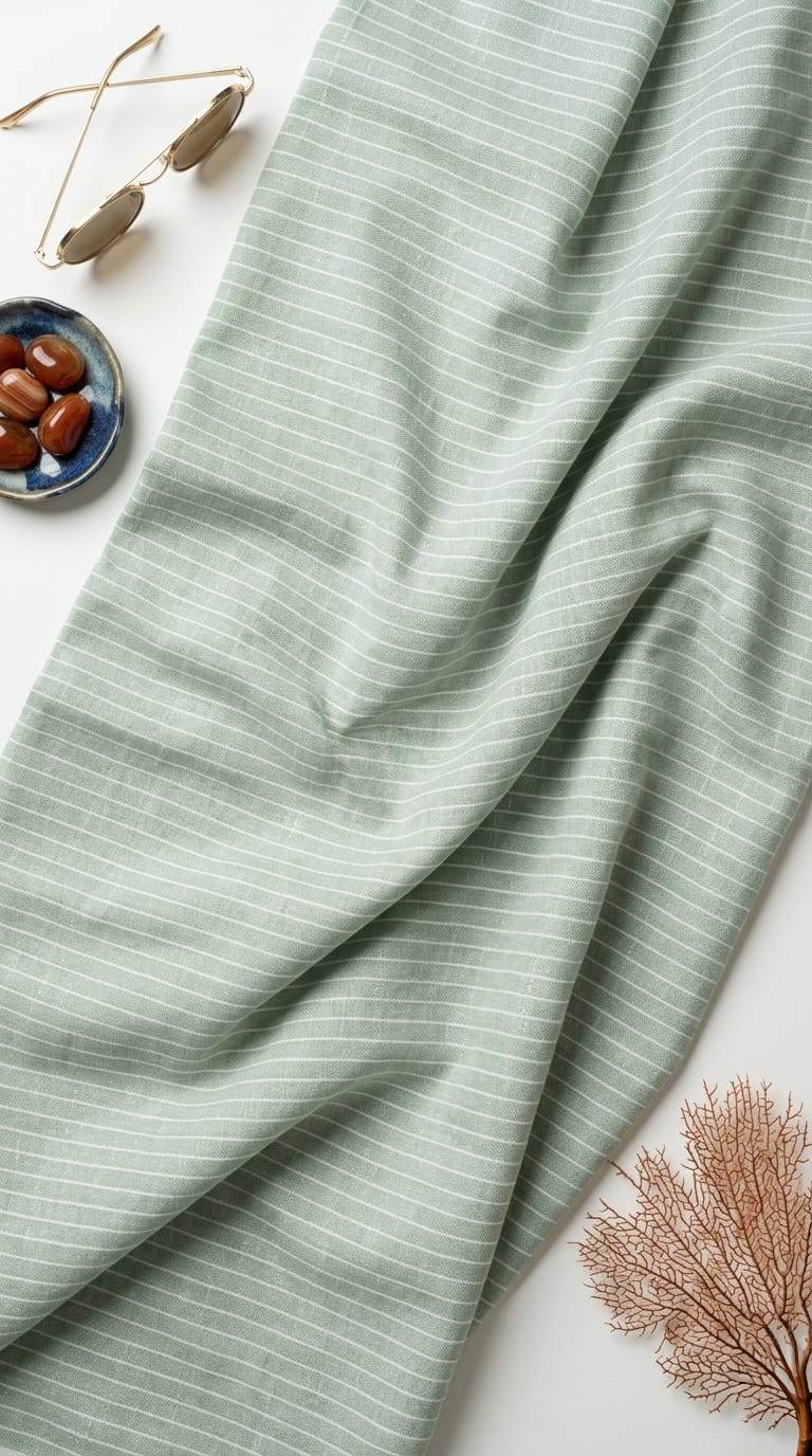 Soothing, muted sage green base accented by delicate, crisp white pinstripes Cotton linen fabric