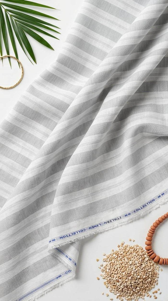 Grey & White Italian inspired Striped Cotton-Linen Fabric 60 Lea