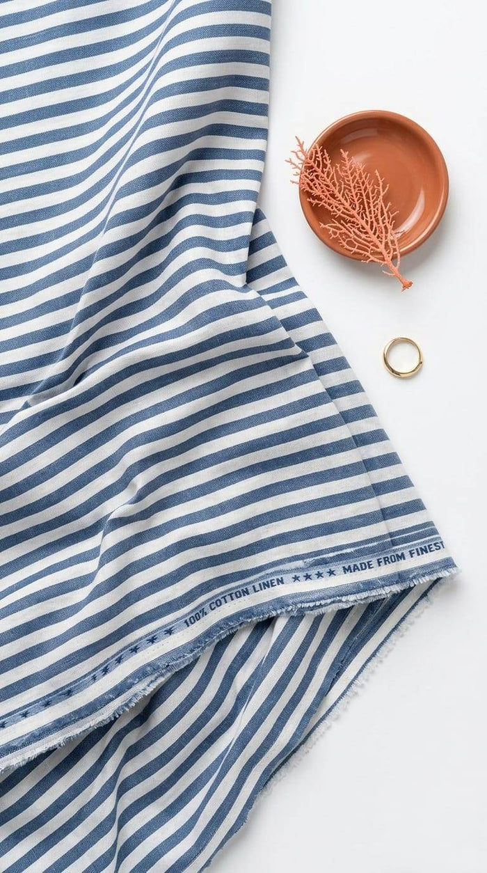 Classic Blue & White Striped Cotton-Linen Blend Fabric 60 Lea