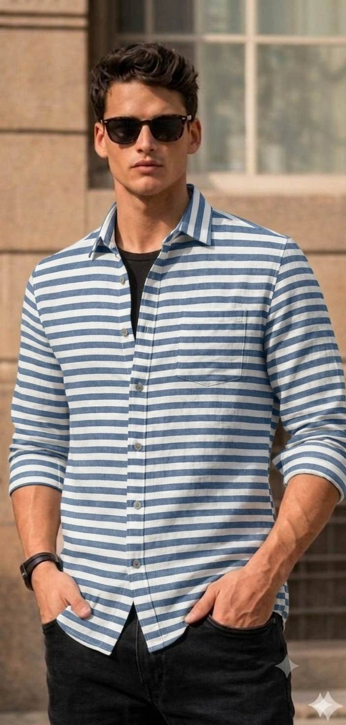 Classic Blue & White Striped Cotton-Linen Blend Fabric 60 Lea