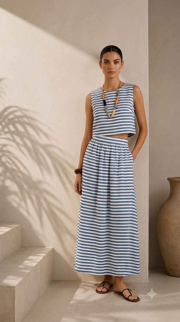 Classic Blue & White Striped Cotton-Linen Blend Fabric 60 Lea