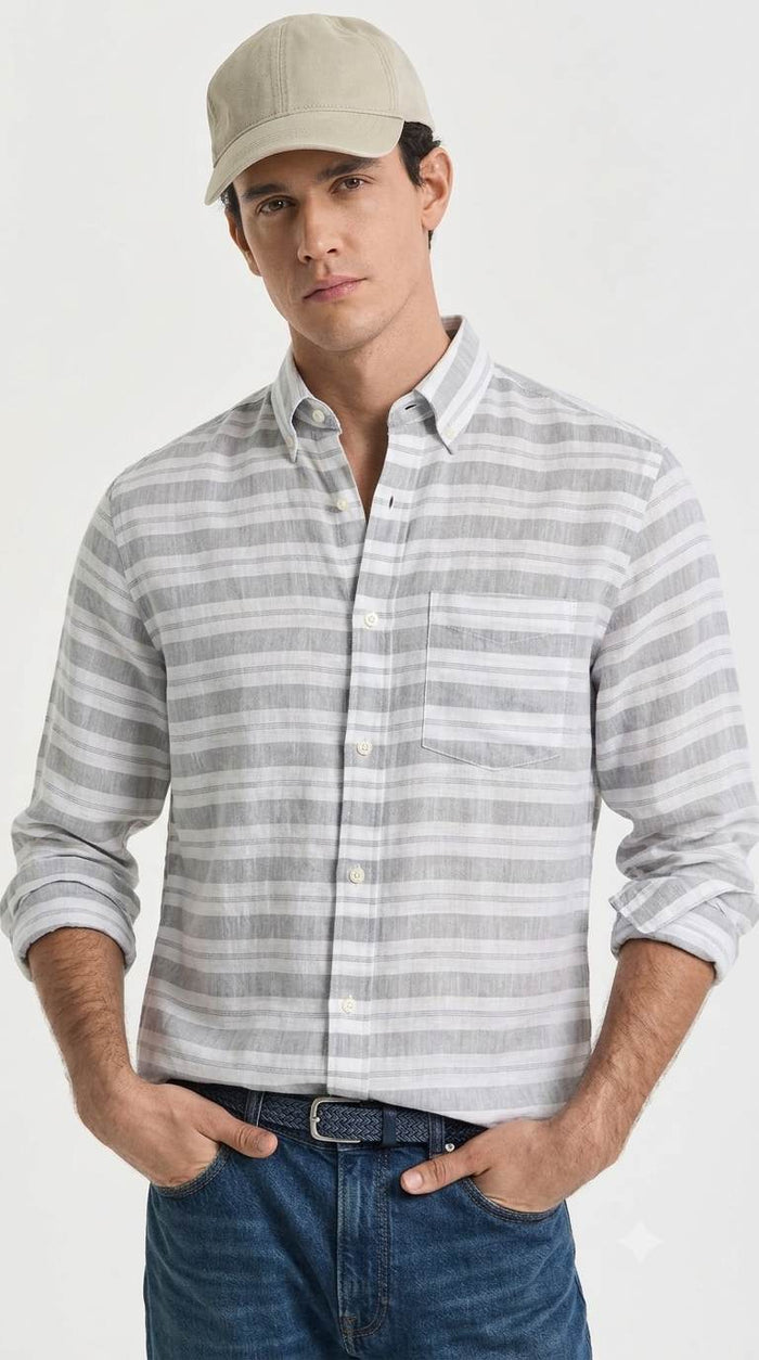 Grey & White Italian inspired Striped Cotton-Linen Fabric 60 Lea