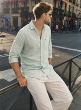 Soothing, muted sage green base accented by delicate, crisp white pinstripes Cotton linen fabric