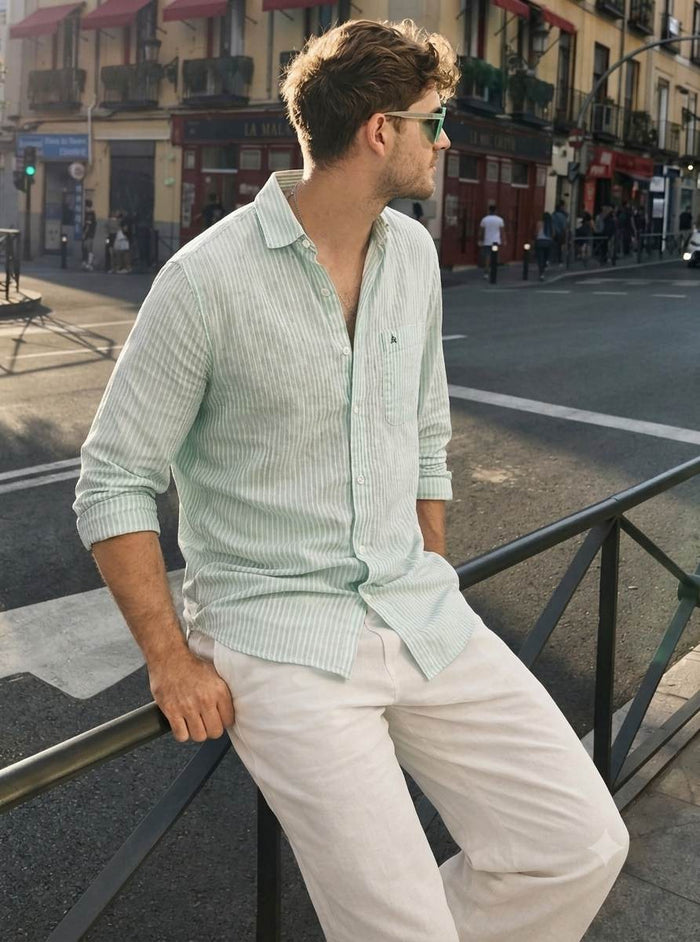 Soothing, muted sage green base accented by delicate, crisp white pinstripes Cotton linen fabric