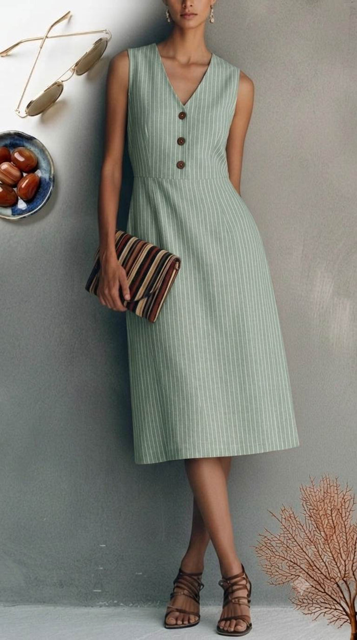 Soothing, muted sage green base accented by delicate, crisp white pinstripes Cotton linen fabric