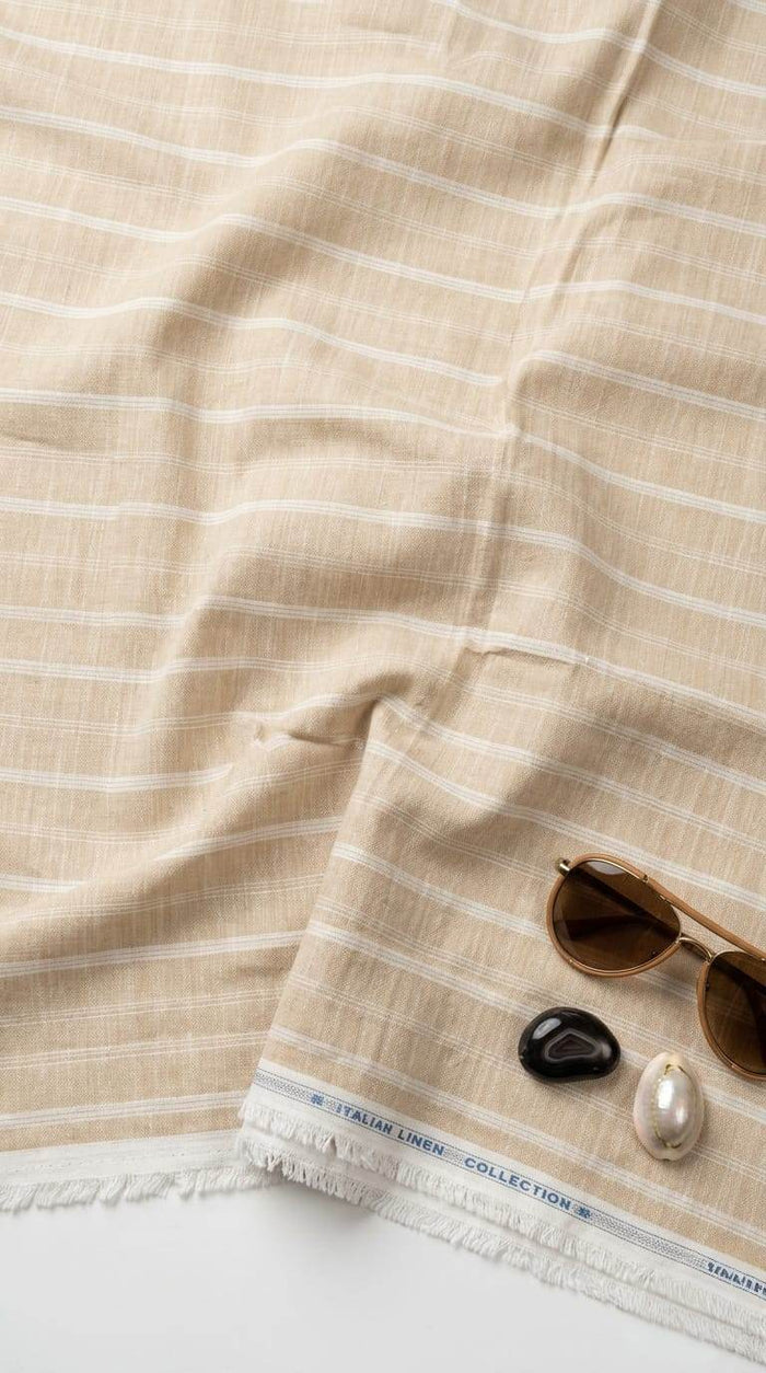 Premium Italian Linen-Cotton Blend – Classic Beige & Ivory Stripe Fabric 60 Lea