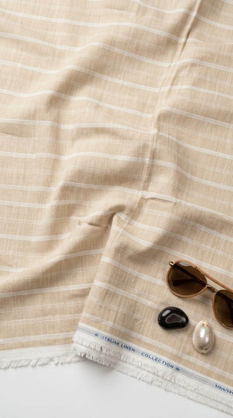 Premium Italian Linen-Cotton Blend – Classic Beige & Ivory Stripe Fabric 60 Lea