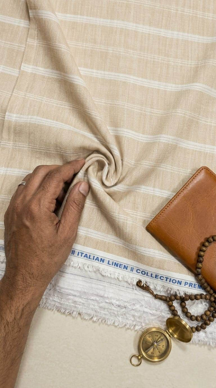 Premium Italian Linen-Cotton Blend – Classic Beige & Ivory Stripe Fabric 60 Lea