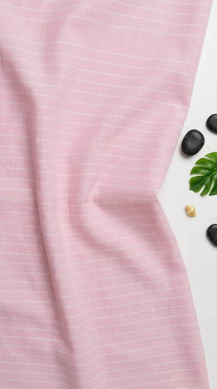 Gentle pastel pink hue complemented by fine white pinstripes Cotton Linen 60 Lea fabric