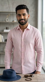 Gentle pastel pink hue complemented by fine white pinstripes Cotton Linen 60 Lea fabric