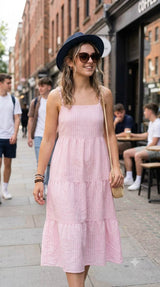 Gentle pastel pink hue complemented by fine white pinstripes Cotton Linen 60 Lea fabric