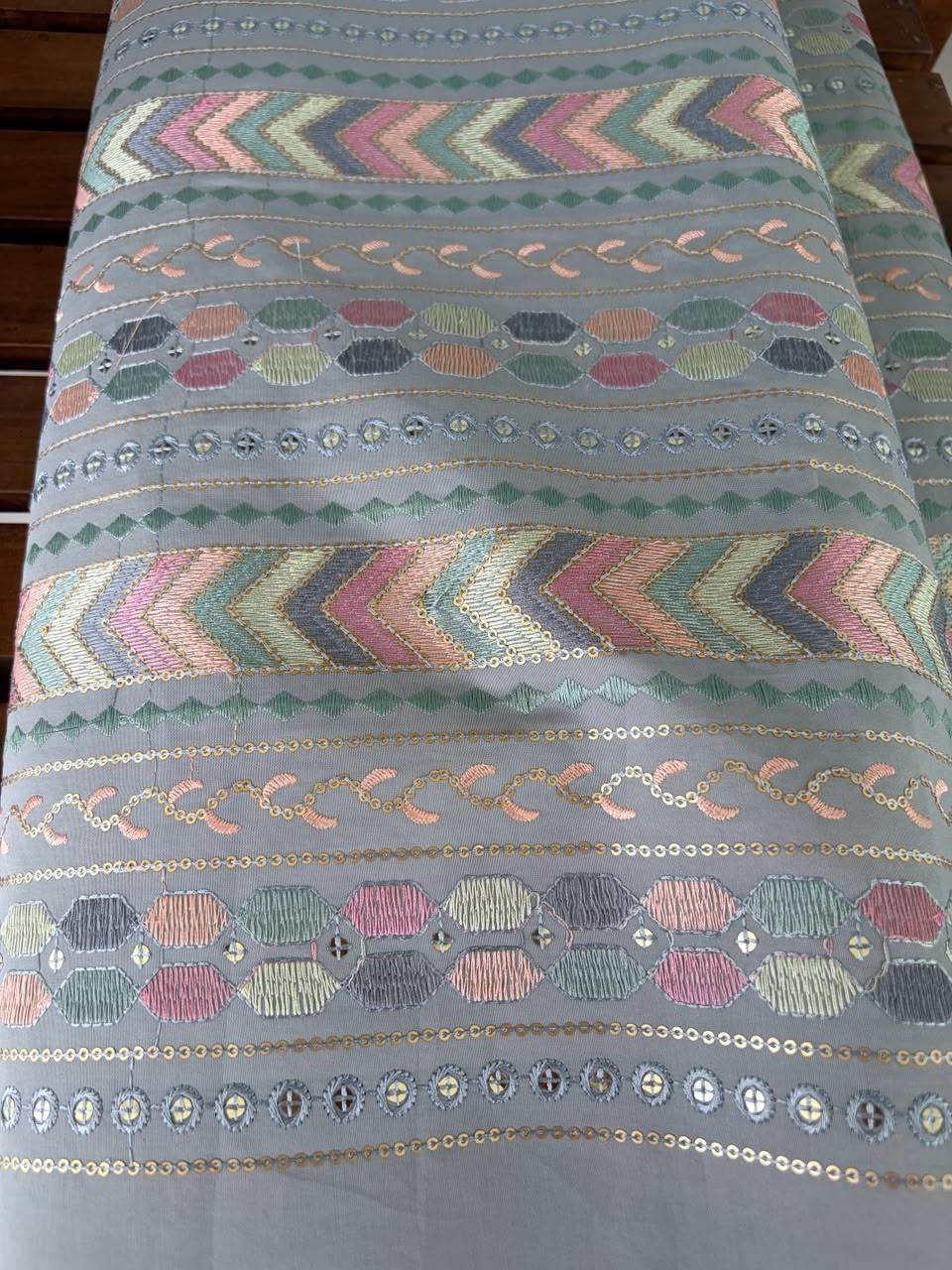 Soft Grey Geometric Chevron Embroidered Fabric(Big Width)