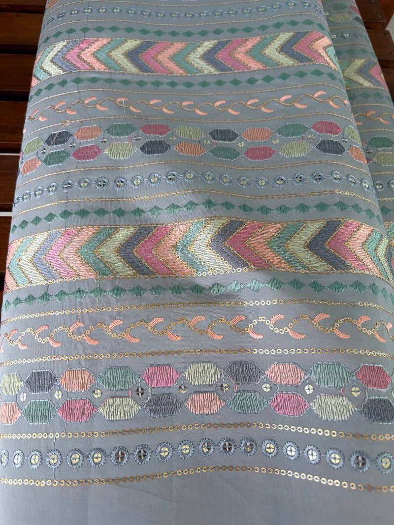Soft Grey Geometric Chevron Embroidered Fabric(Big Width)