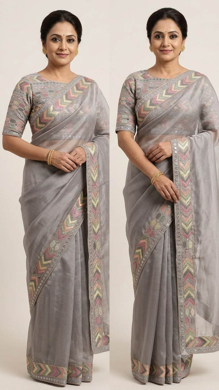 Soft Grey Geometric Chevron Embroidered Fabric(Big Width)