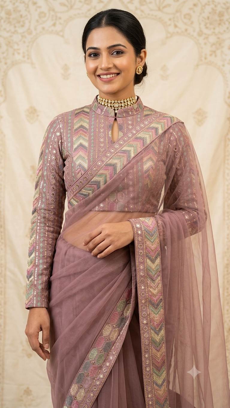 Taupe-Brown Geometric Chevron Embroidered Fabric(Big Width)