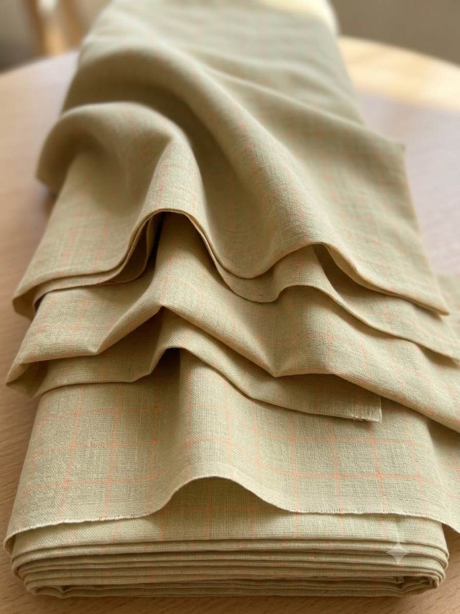 Muted Olive base with delicate Peach check Pattern "La Italia"Cotton Linen Fabric