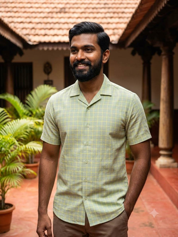 Premium Mint & Yellow Checkered Cotton-Linen Shirting Fabric