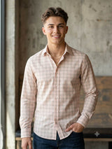 Light  Peach base check Pattern "La Italia"Cotton Linen Fabric