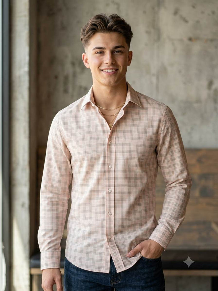 Light  Peach base check Pattern "La Italia"Cotton Linen Fabric