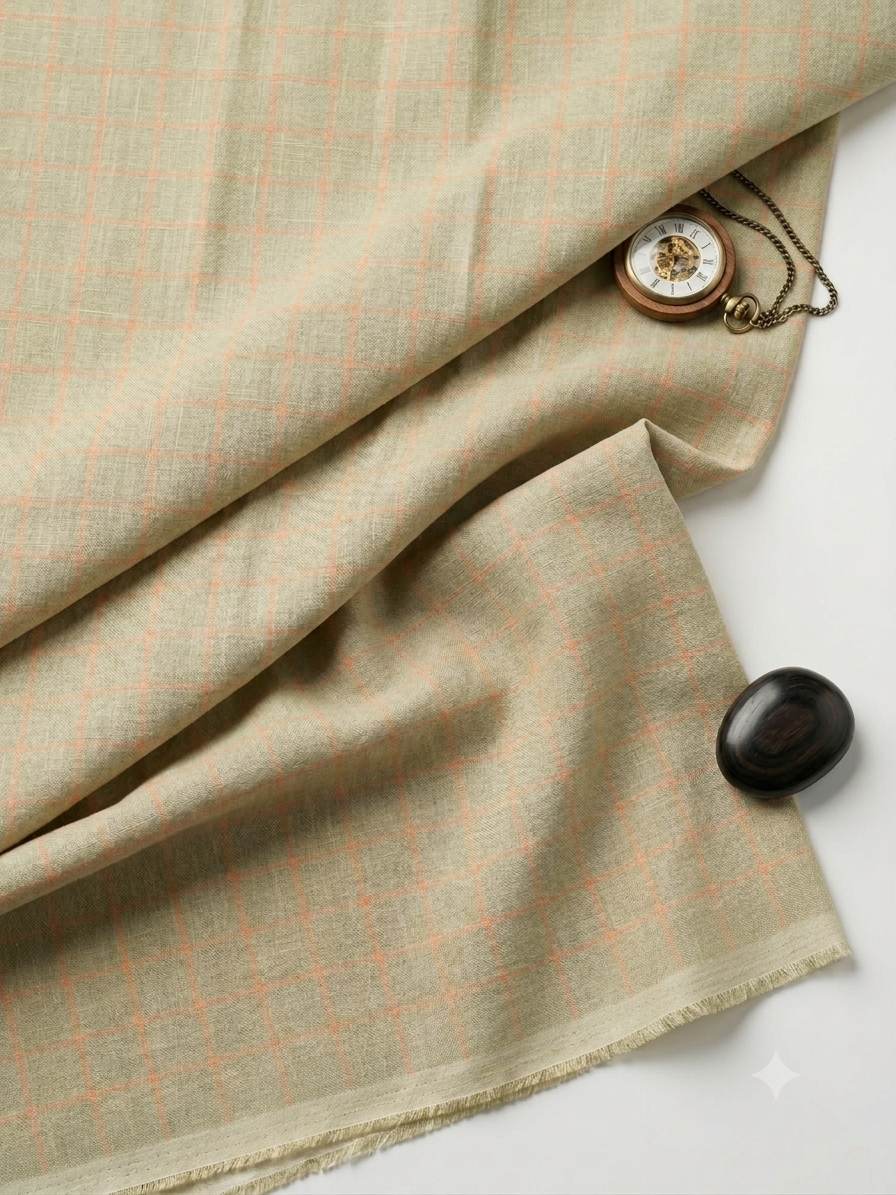 Muted Olive base with delicate Peach check Pattern "La Italia"Cotton Linen Fabric