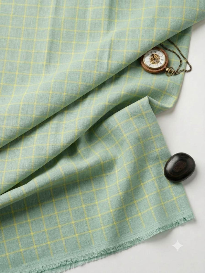 Premium Mint & Yellow Checkered Cotton-Linen Shirting Fabric