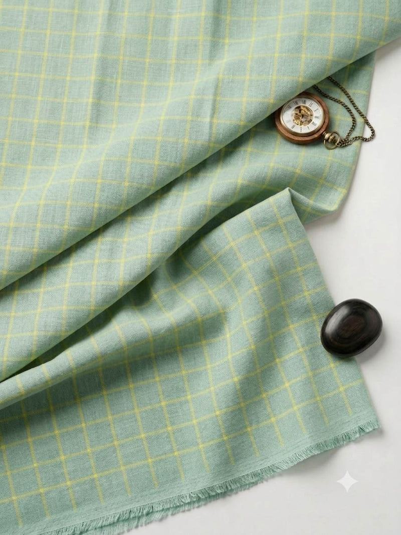 Premium Mint & Yellow Checkered Cotton-Linen Shirting Fabric