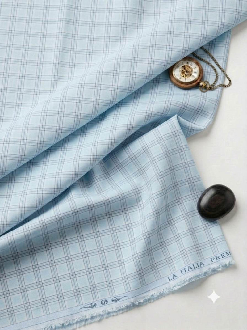 Light  Blue base check Pattern "La Italia"Cotton Linen Fabric