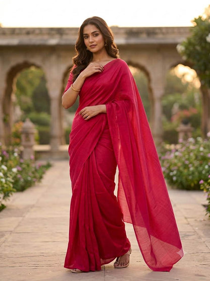 Rich Hot Pink Mul Chanderi Fabric (Big Width)