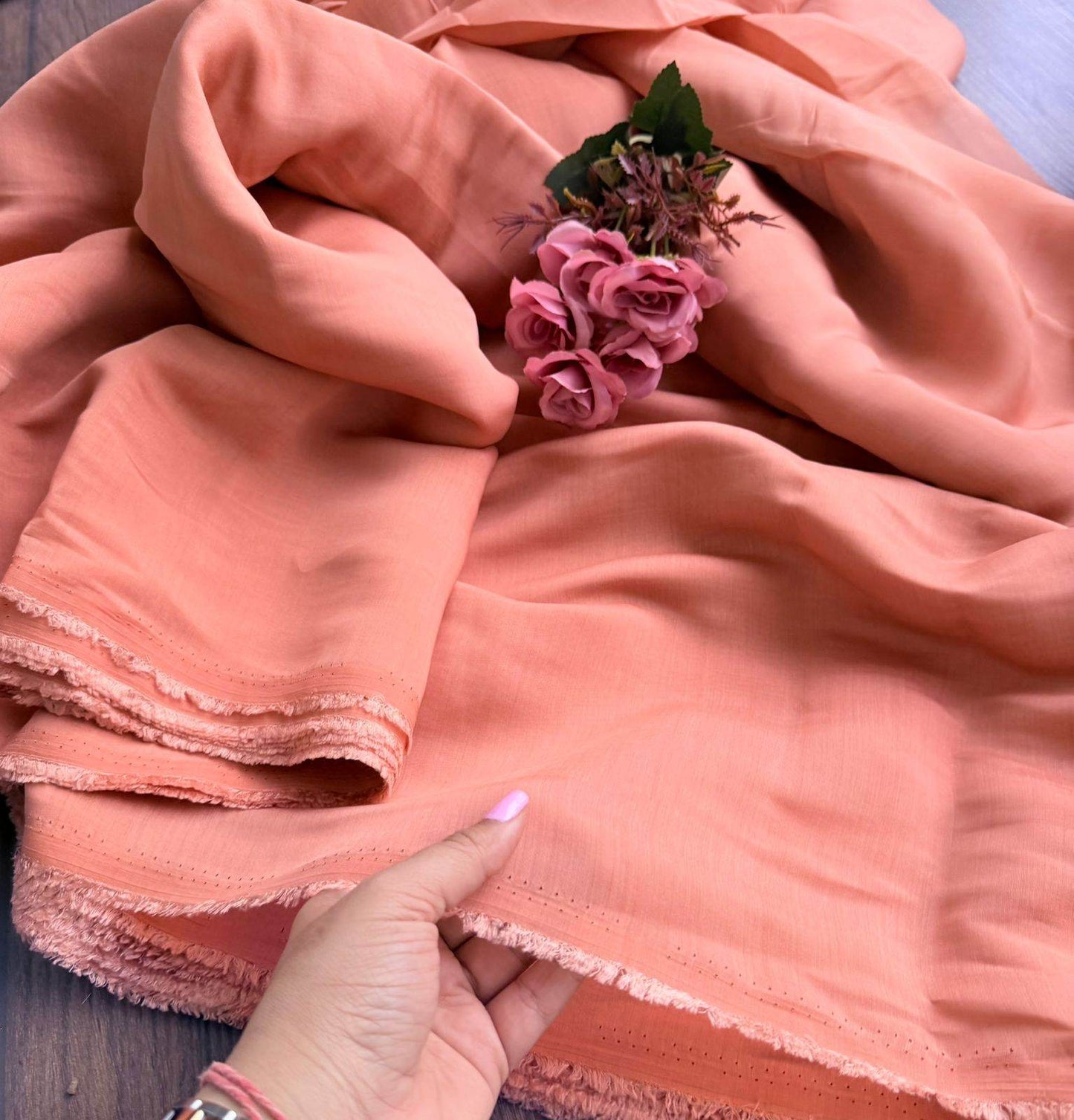 Ethereal Peach Mul Chanderi Fabric (Big Width)