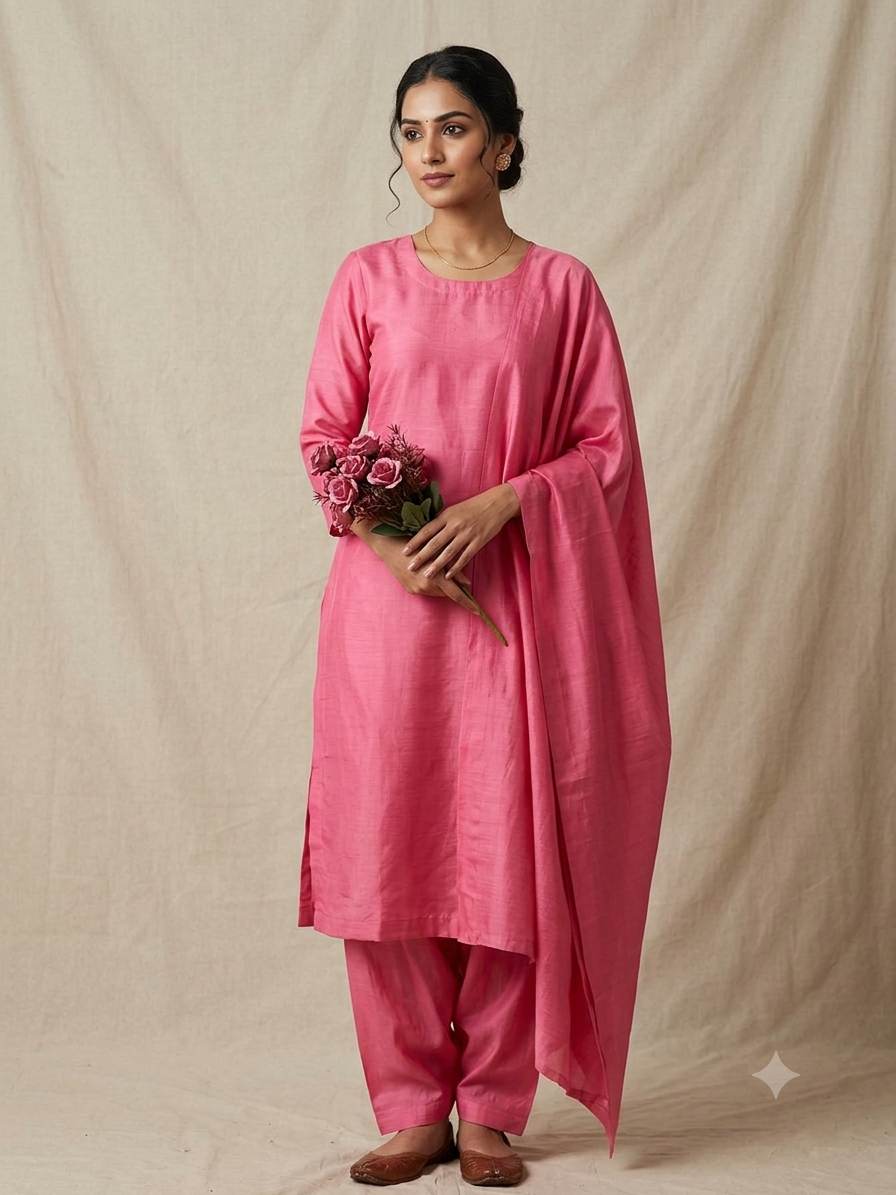 Elegant Rose Pink Mul Chanderi Fabric (Big Width)