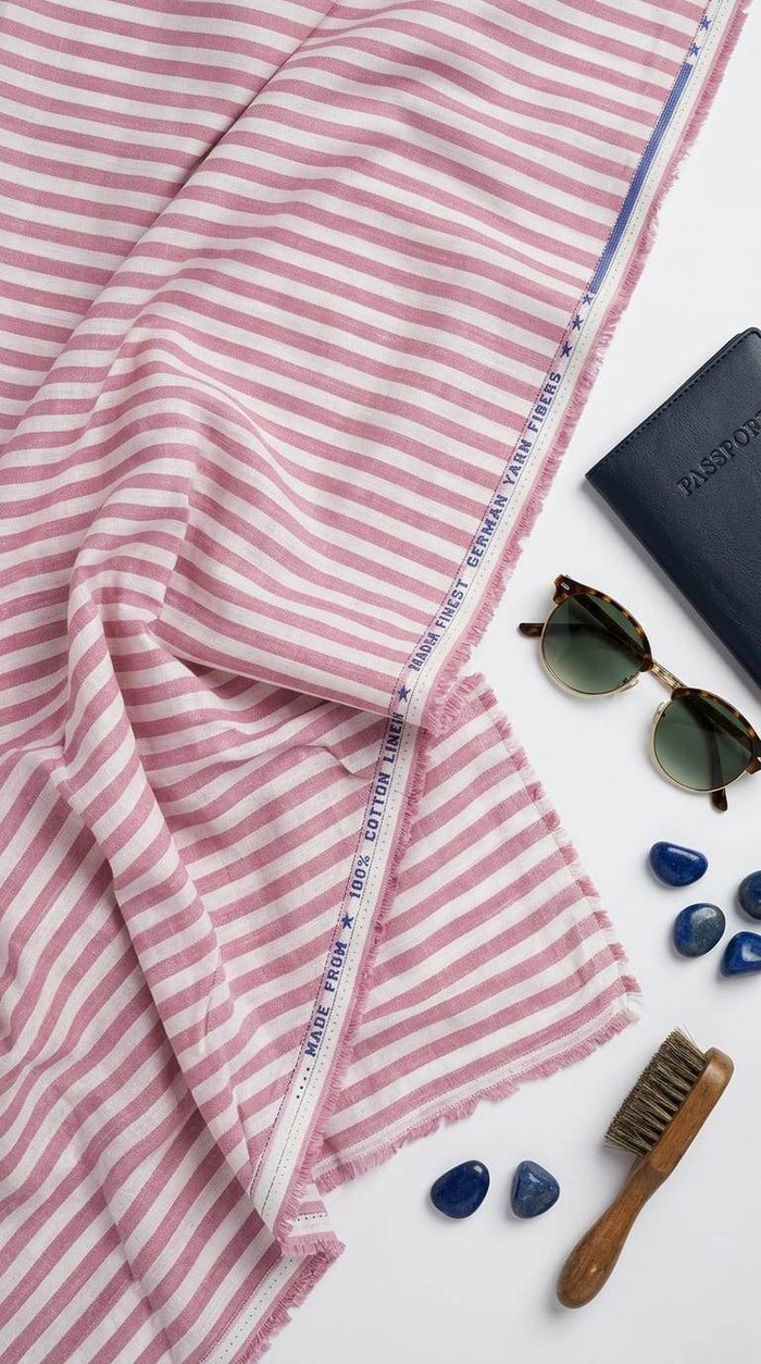 Premium Pink-White Striped Cotton-Linen 60 Lea Fabric