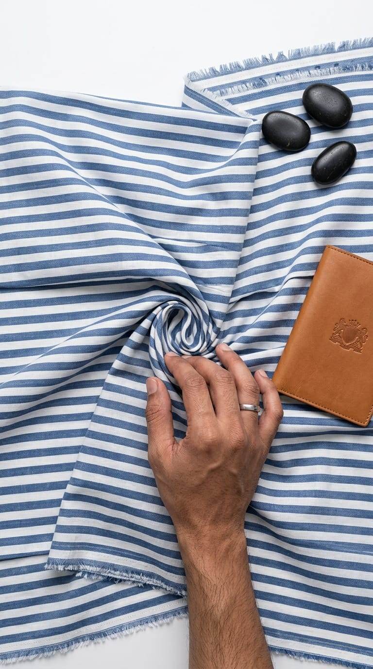 Premium Blue-White Striped Cotton-Linen 60 Lea Fabric
