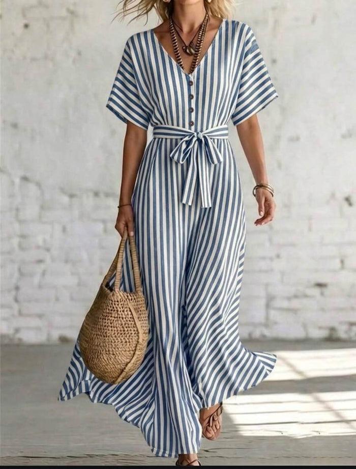 Premium Blue-White Striped Cotton-Linen 60 Lea Fabric