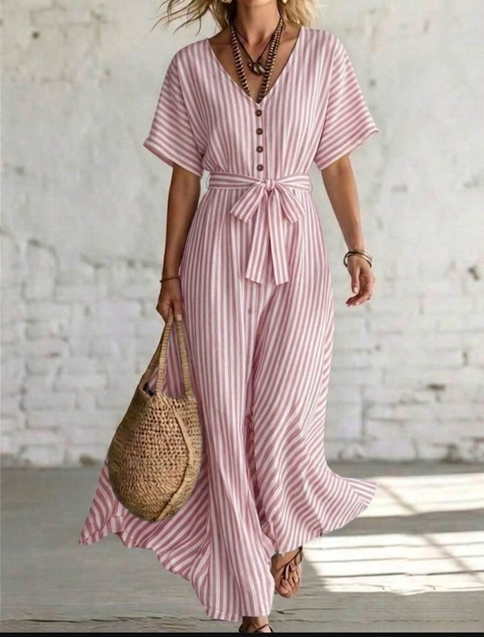 Premium Pink-White Striped Cotton-Linen 60 Lea Fabric