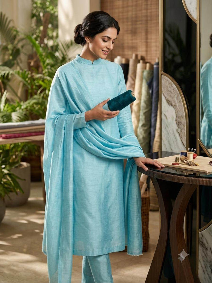 Premium Glossy Chanderi Silk-Cotton Blend Shirting Fabric – Classic Aqua Blue